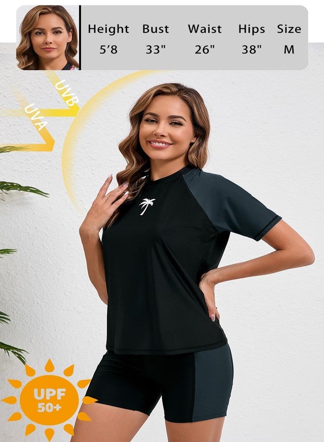 Halcurt طقم سباحة نسائي من هالكورت بأكمام قصيرة وواقي من الشمس مع حمالة صدر مدمجة، حماية من الشمس +50، قميص وشورت أسود، مقاس 2XL - Image 2